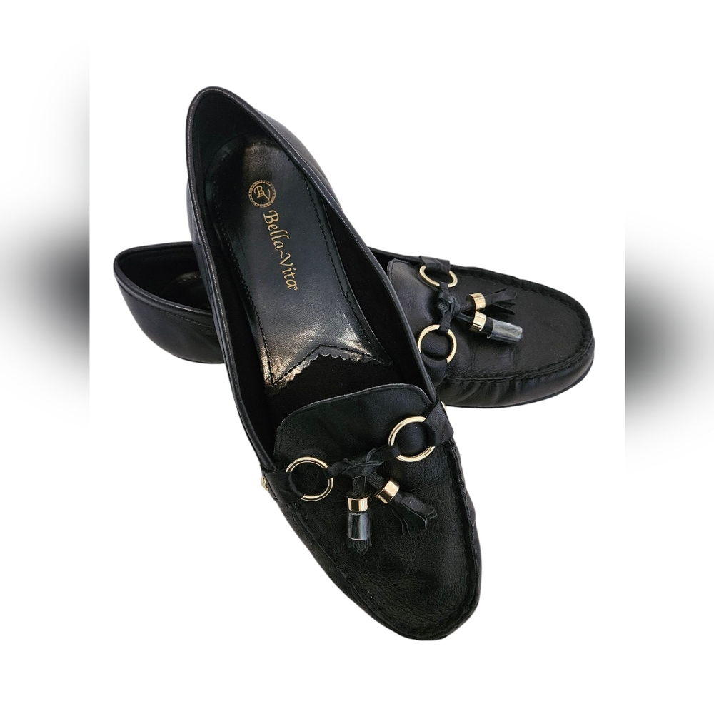 Bella Vita Black Loafers with Gold Accents
